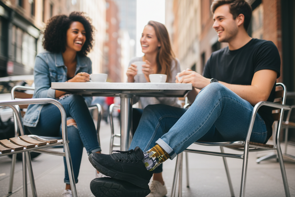 Man wearing Loria NYC Art socks with two friends sitting at an outdoor cafe table in a city setting