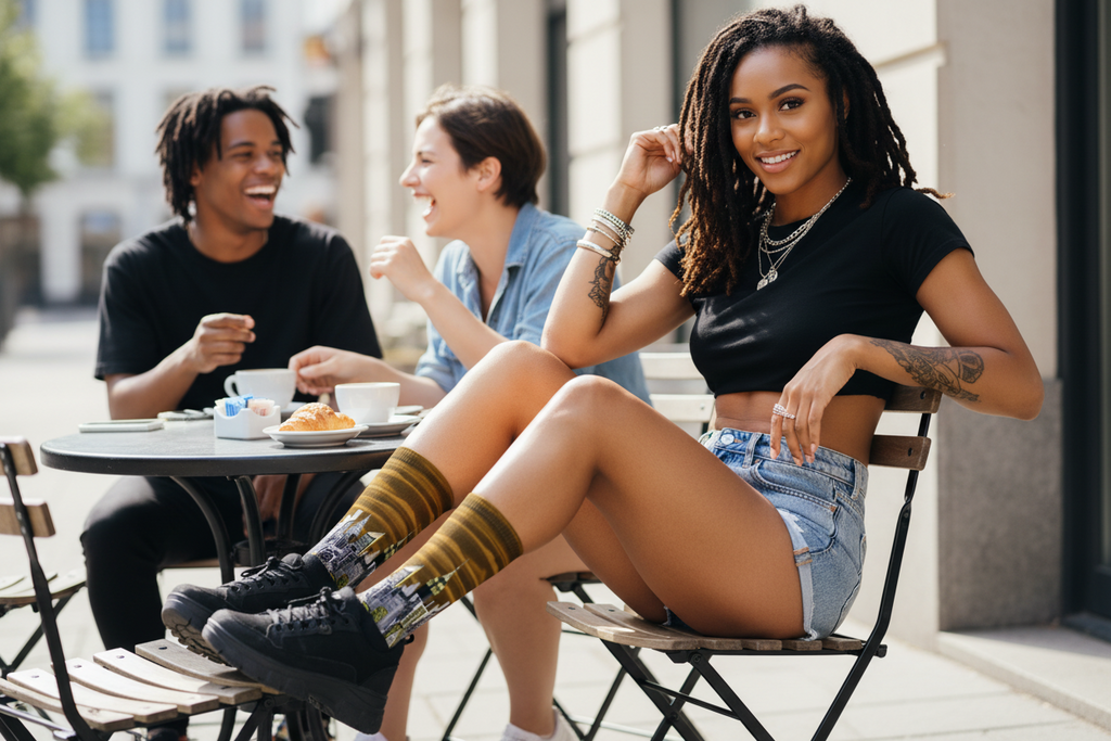 Woman wearing Loria NYC Art socks sitting outdoors with friends at a cafe table, smiling.