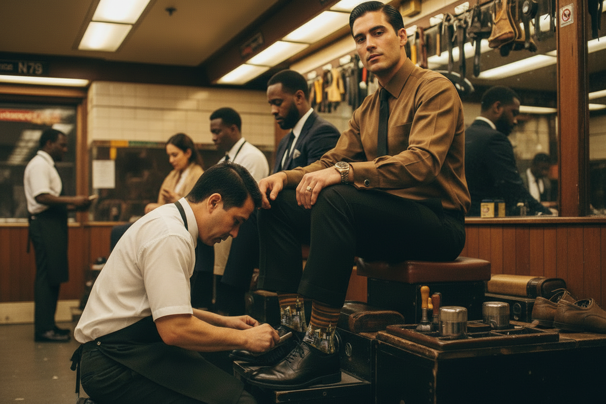A man wearing Loria NYC Art socks, brown shirt and tie sits in a barber chair while a barber shaves him in a vintage-style barbershop. Other customers and staff are visible in the background.