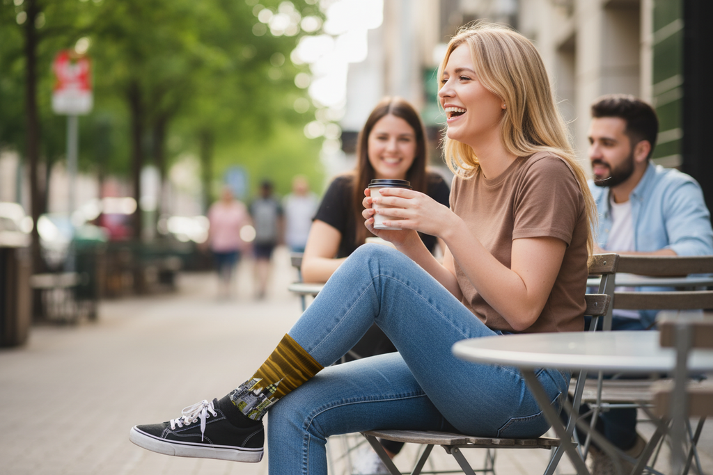 Woman sitting outdoors wearing Loria NYC Art socks holding a cup, smiling, with blurred background