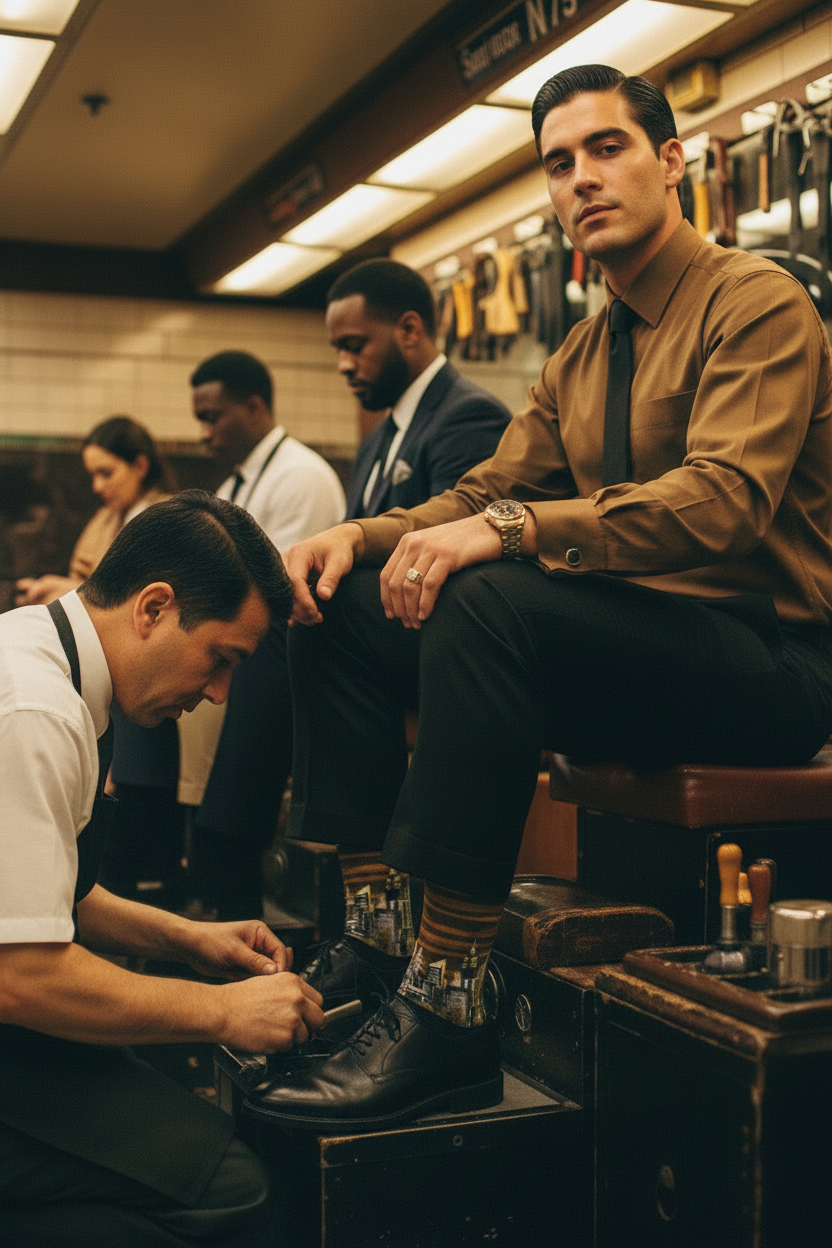 A man in a brown Loria NYC Art socks, shirt and black trousers sits on a barber counter in a vintage barbershop, while another barber shaves him. The scene is warmly lit with overhead lights, showing other customers and barbers in the background.