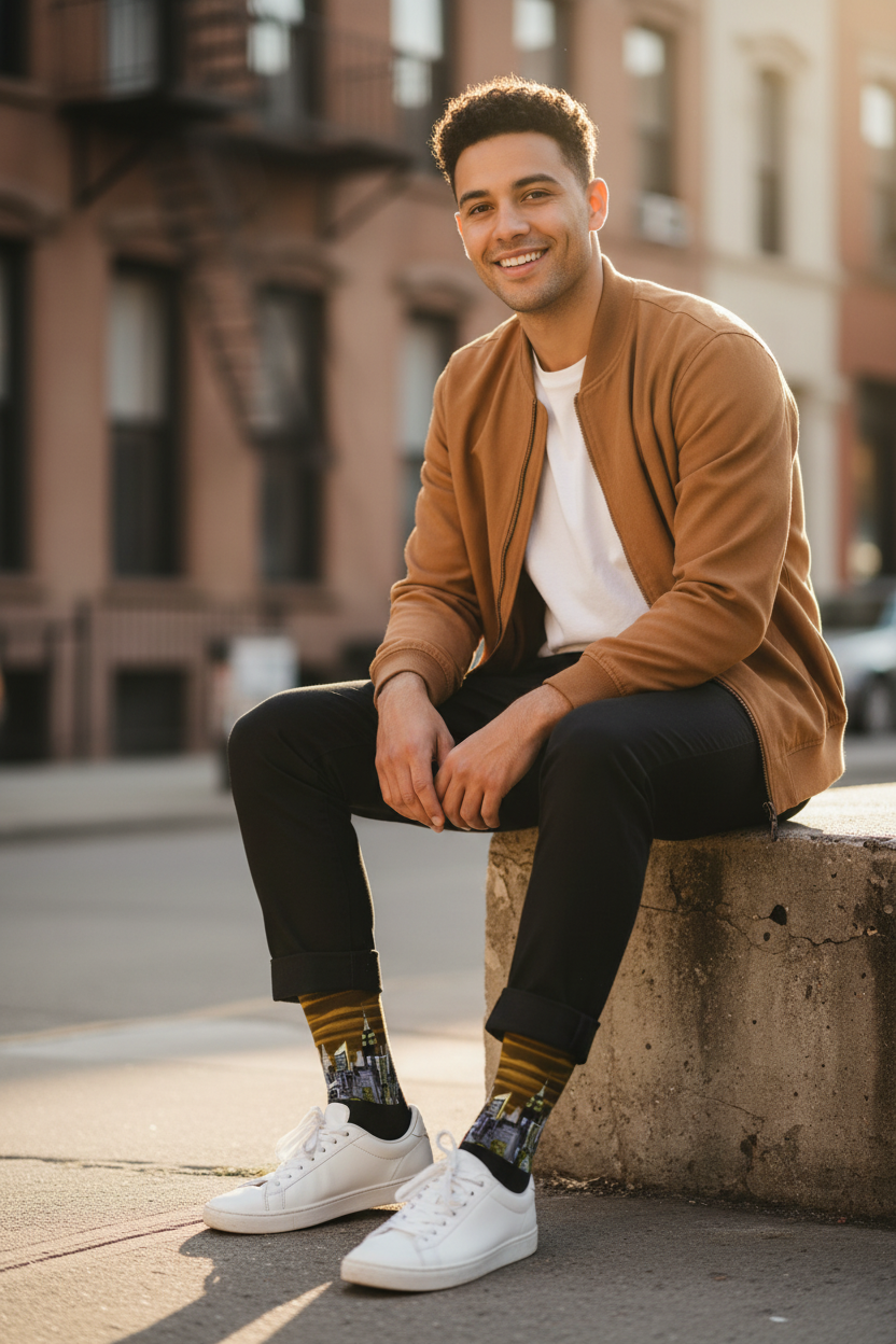 Man sitting on a concrete bench wearing a brown Loria NYC Art socks, white shirt, black pants, and white sneakers.