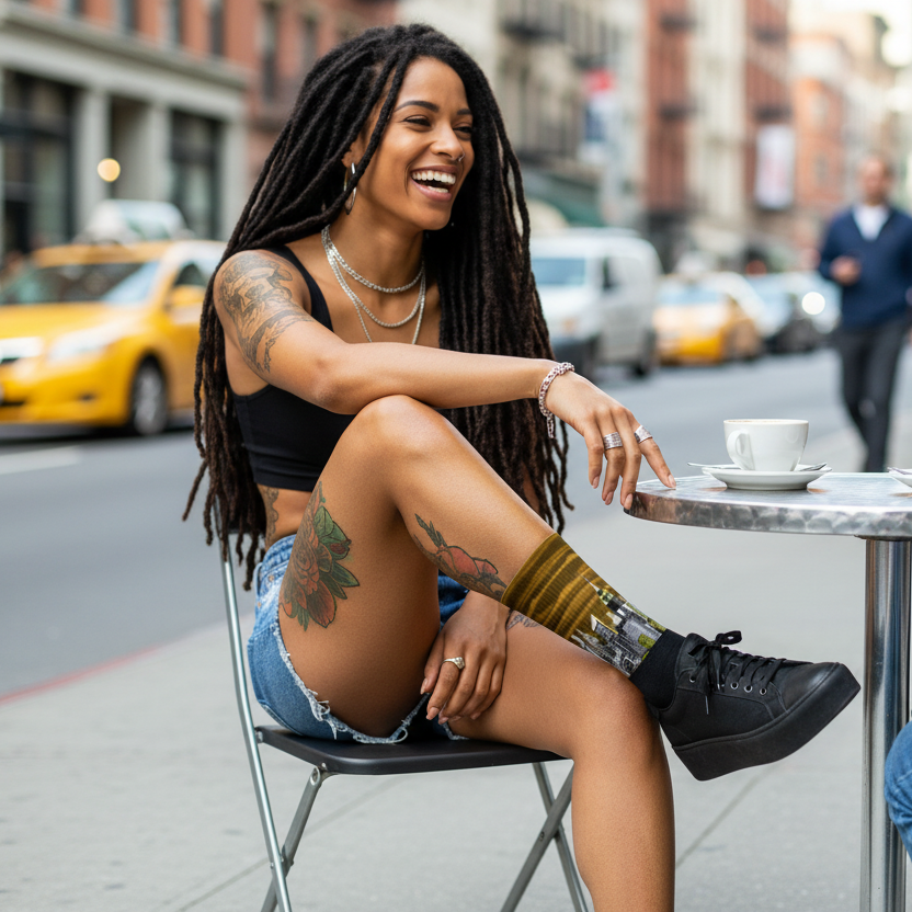 Women wearing Loria NYC Art socks sitting at a table on a city street, enjoying coffee.