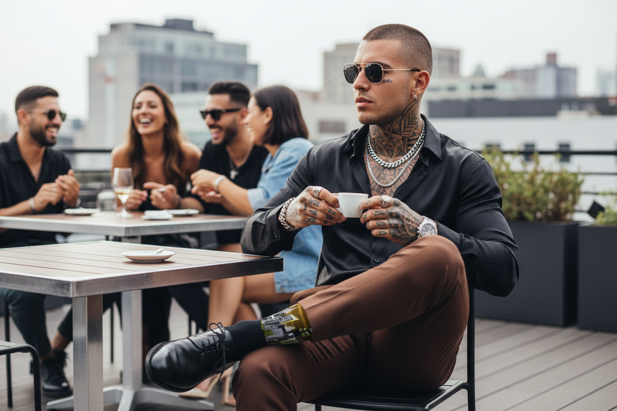 Man sitting at a rooftop bar with friends, wearing Loria NYC Art socks, sunglasses and a black shirt.