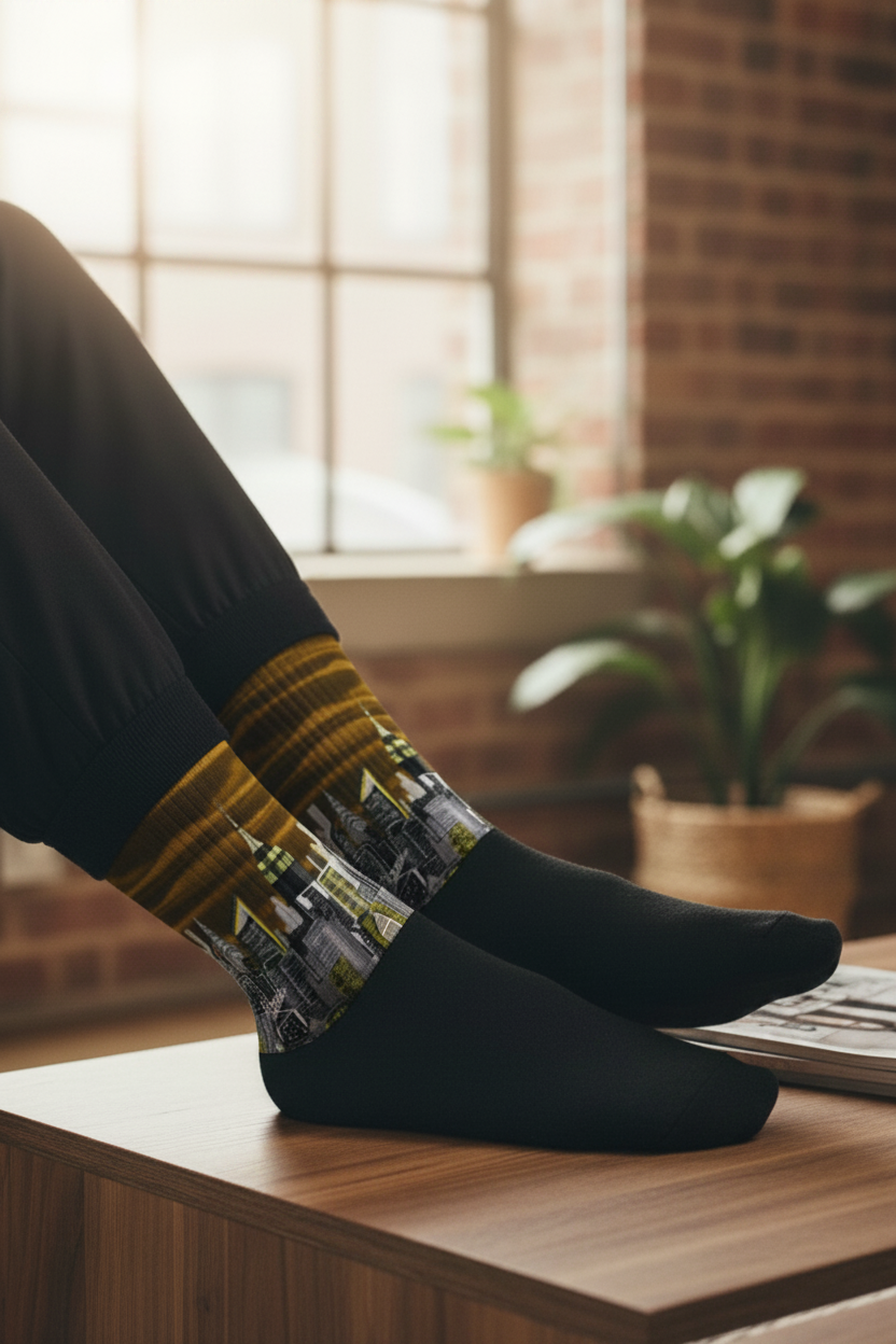 Person wearing socks with a scenic Loria NYC Art design, sitting at a desk in a room with plants and a window.