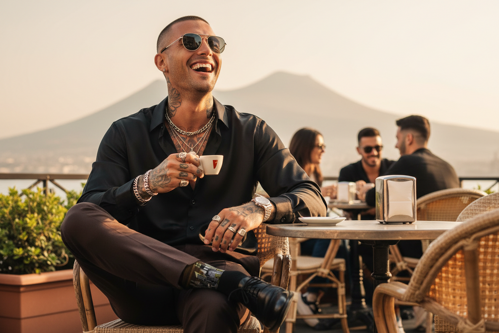Man sitting outdoors with Loria NYC Art socks with a scenic background, holding a coffee cup.