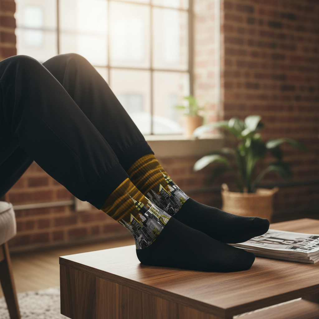 Person wearing black brown Loria NYC Art  socks with a city skyline, sitting on a wooden table in a room with brick walls and plants.