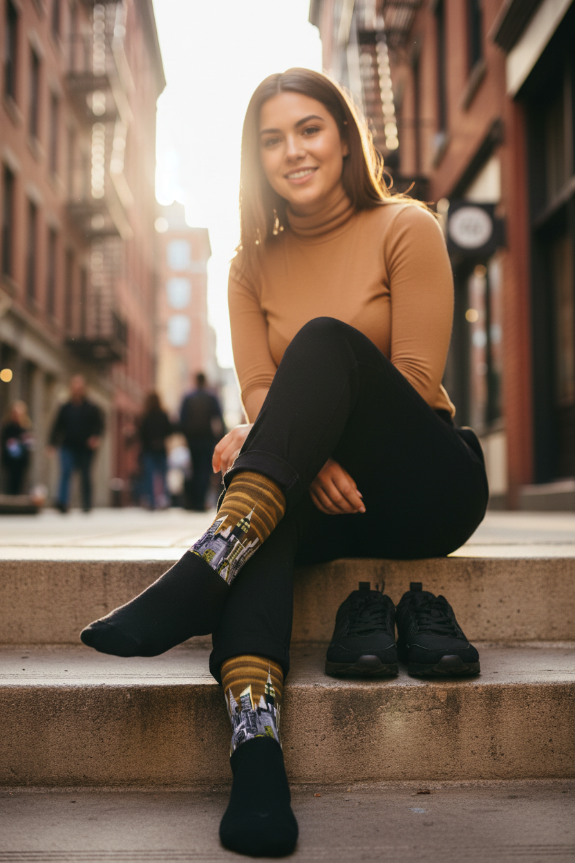 Woman sitting on steps in an urban setting wearing a brown Loria NYC Art socks, turtleneck and black pants.