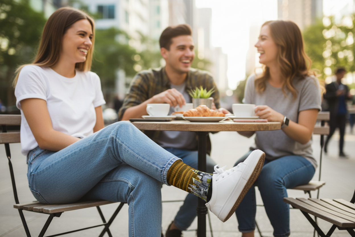 Girl wearing brown Loria NYC Art socks with friends sitting at an outdoor cafe table enjoying food and drinks.