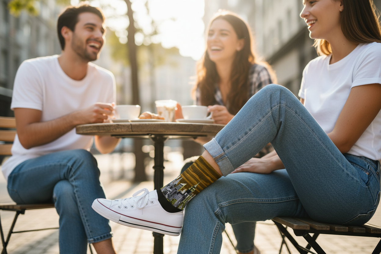 Girl wearing Loria NYC Art socks with Two people sitting at a table outdoors, enjoying drinks and conversation.