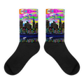 Black socks with colorful cityscape Loria NYC Art design on a white background