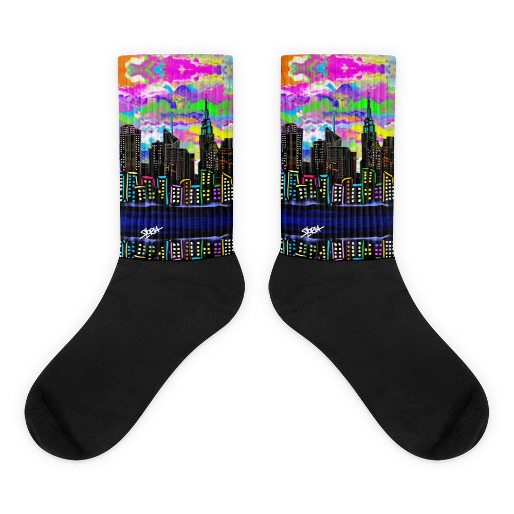 Black socks with colorful cityscape Loria NYC Art design on a white background