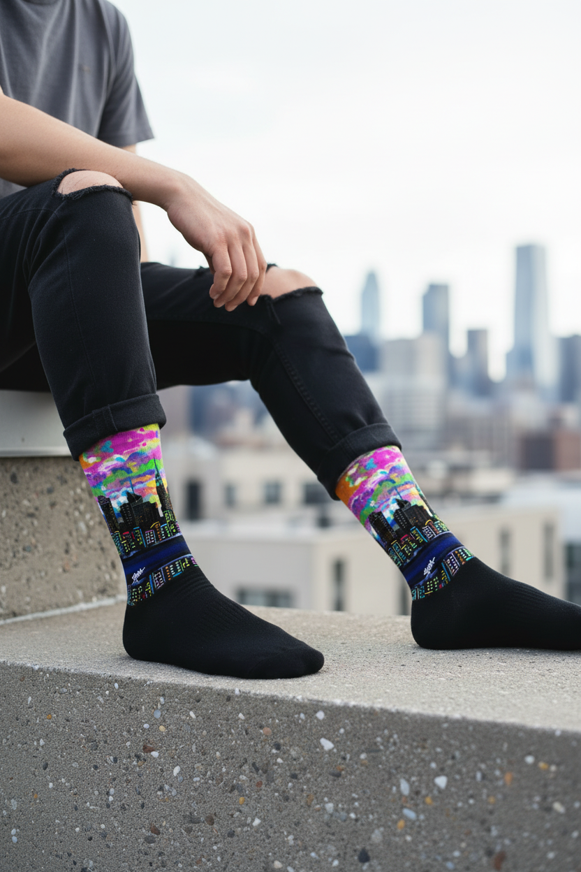 Person wearing colorful socks with a cityscape Loria NYC Art design, sitting on a rooftop with a city skyline in the background.