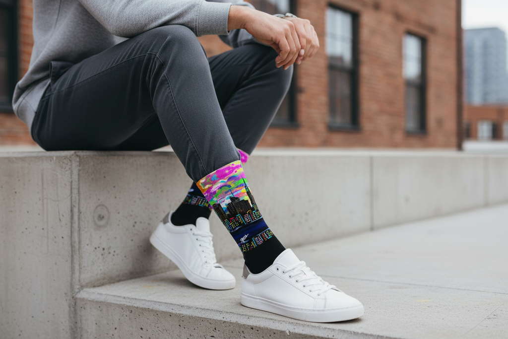 Person sitting on a concrete ledge wearing colorful Loria NYC Art socks with a cityscape design.