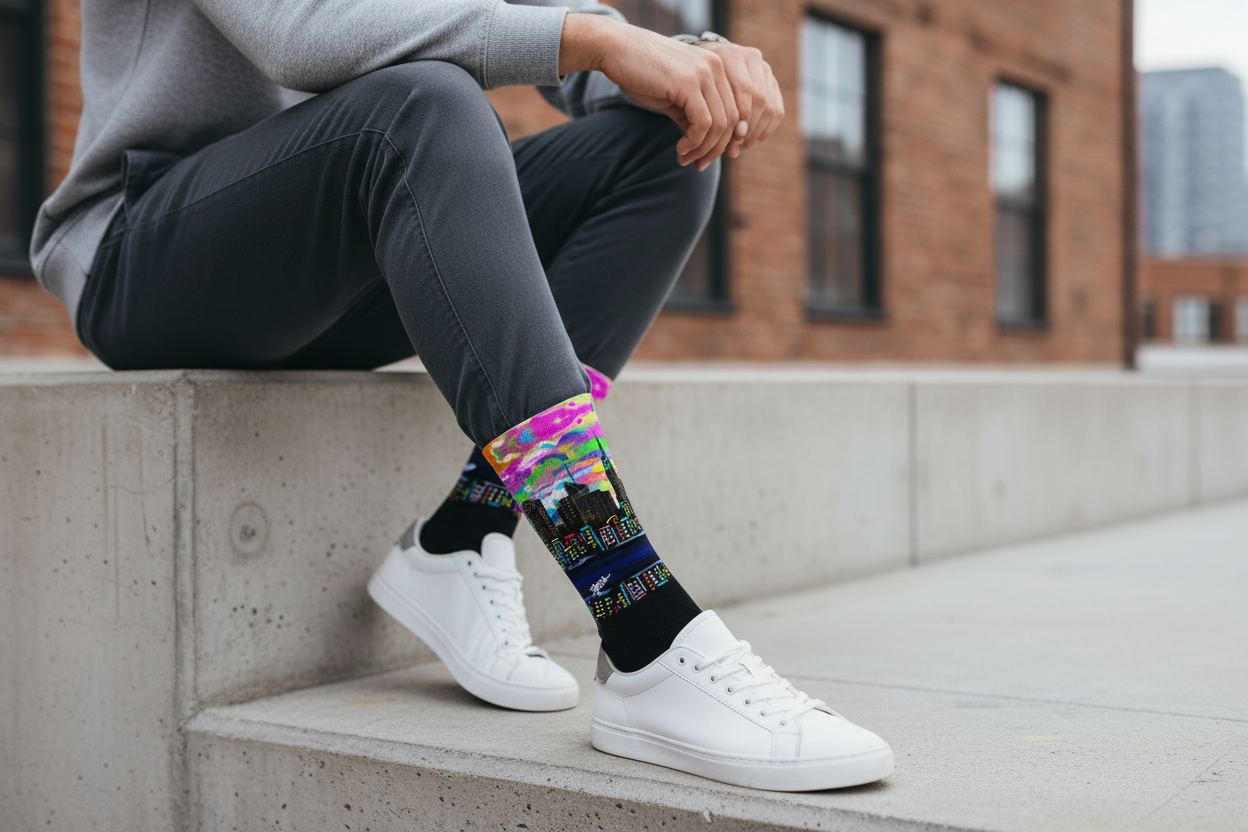 Person sitting on a concrete ledge wearing colorful Loria NYC Art socks with a cityscape design.