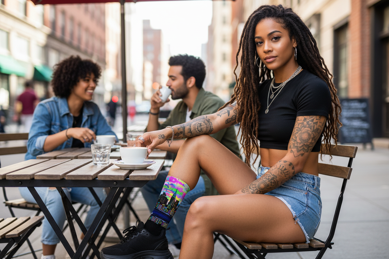 Woman with tattoos sitting at an outdoor cafe table wearing Loria NYC Art socks in an urban setting