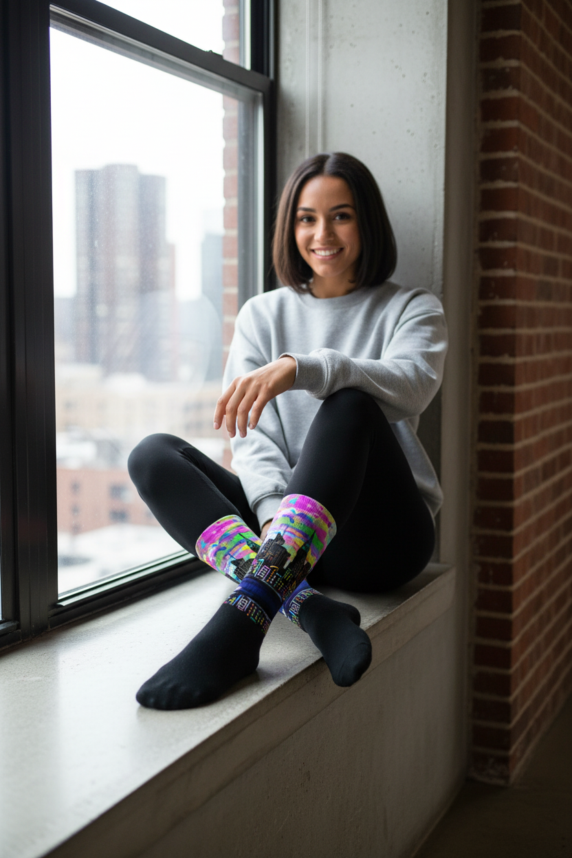Woman sitting by a window wearing Loria NYC Art colorful socks with a cityscape view.