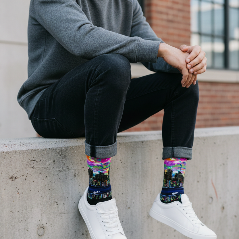 Person sitting on a concrete ledge wearing colorful socks with a Loria NYC Art cityscape design.