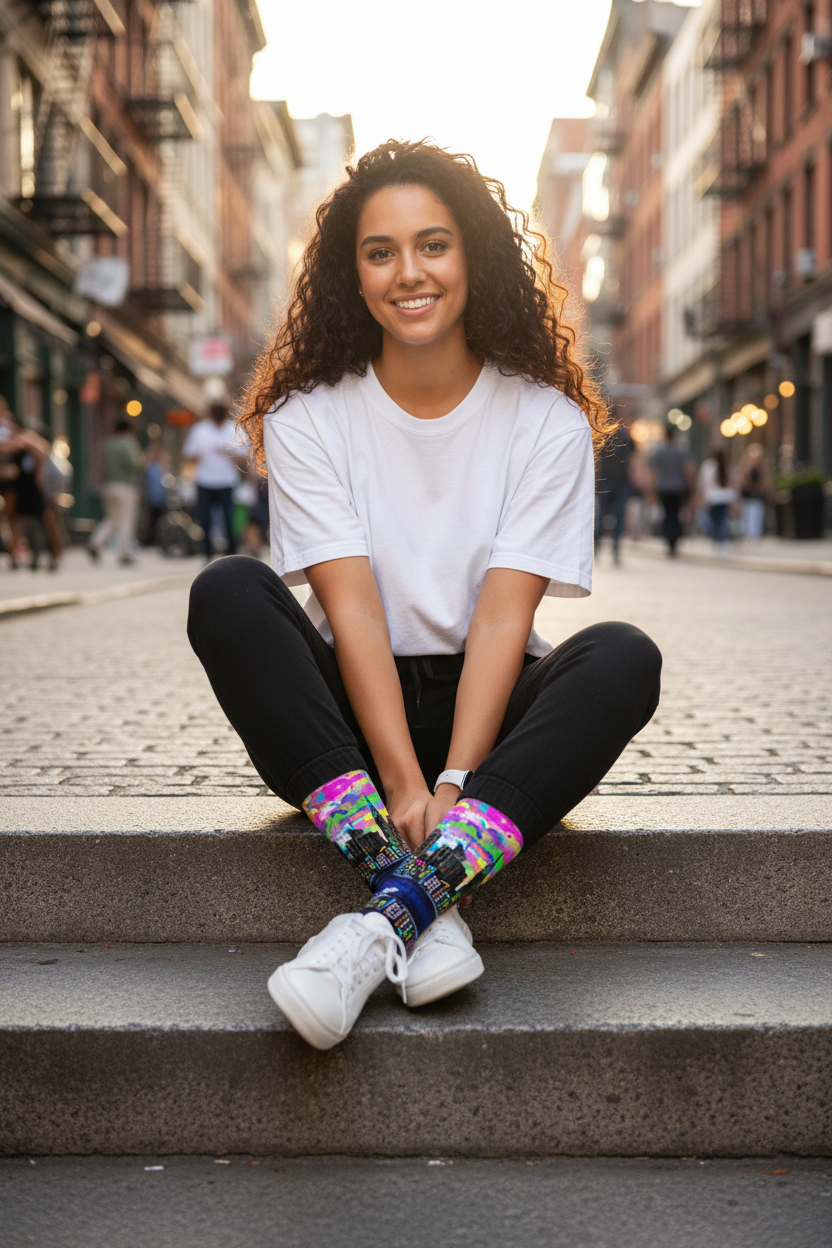 Person sitting on steps in an urban setting wearing colorful Loria NYC Art socks and white sneakers.