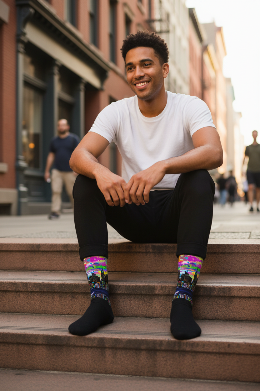 Man sitting on steps wearing colorful Loria NYC Art socks in an urban setting