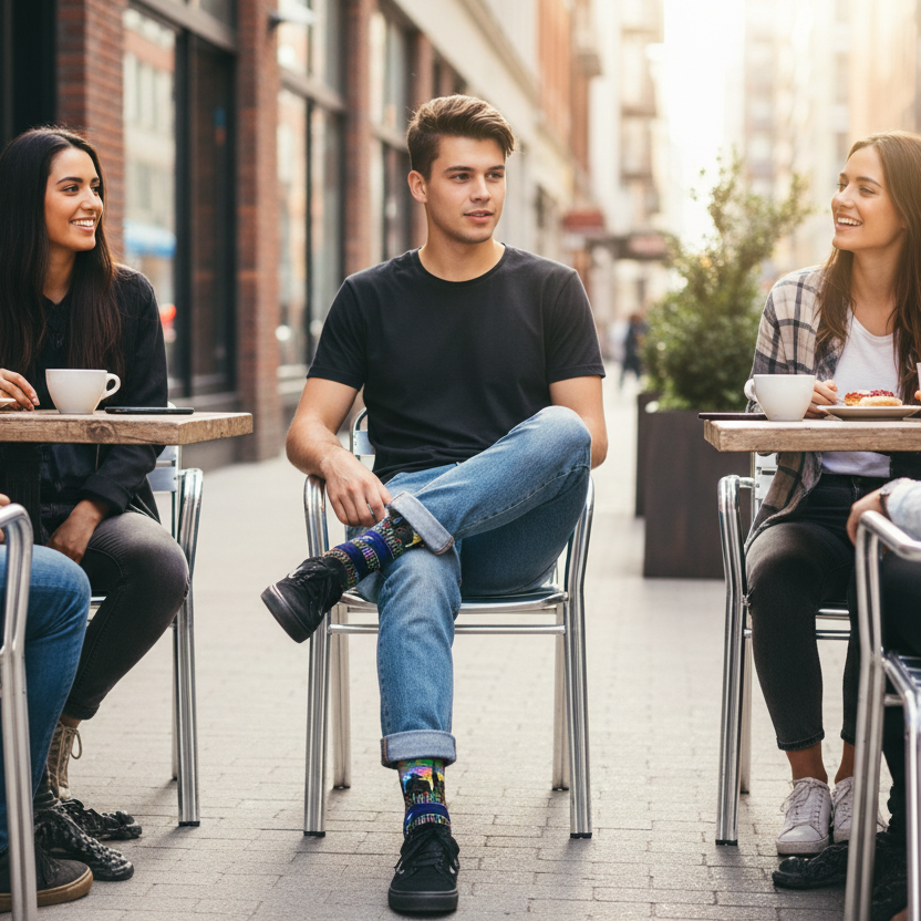 Guy wearing colorful Loria NYC Art socks sitting at outdoor tables in a city setting