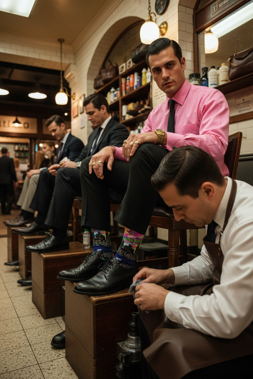 A row of men in a vintage barber shop, with one man in Loria NYC Art socks a bright pink shirt and black tie sitting in a wooden chair while another barber in the foreground shaves his legs. The shop features warm lighting, wooden fixtures, and shelves in the background.