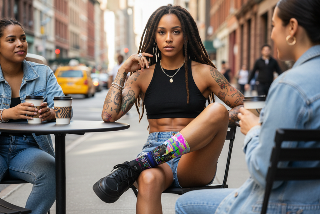 Girl wearing colorful Loria NYC Art socks sitting at a street-side cafe table in an urban setting.
