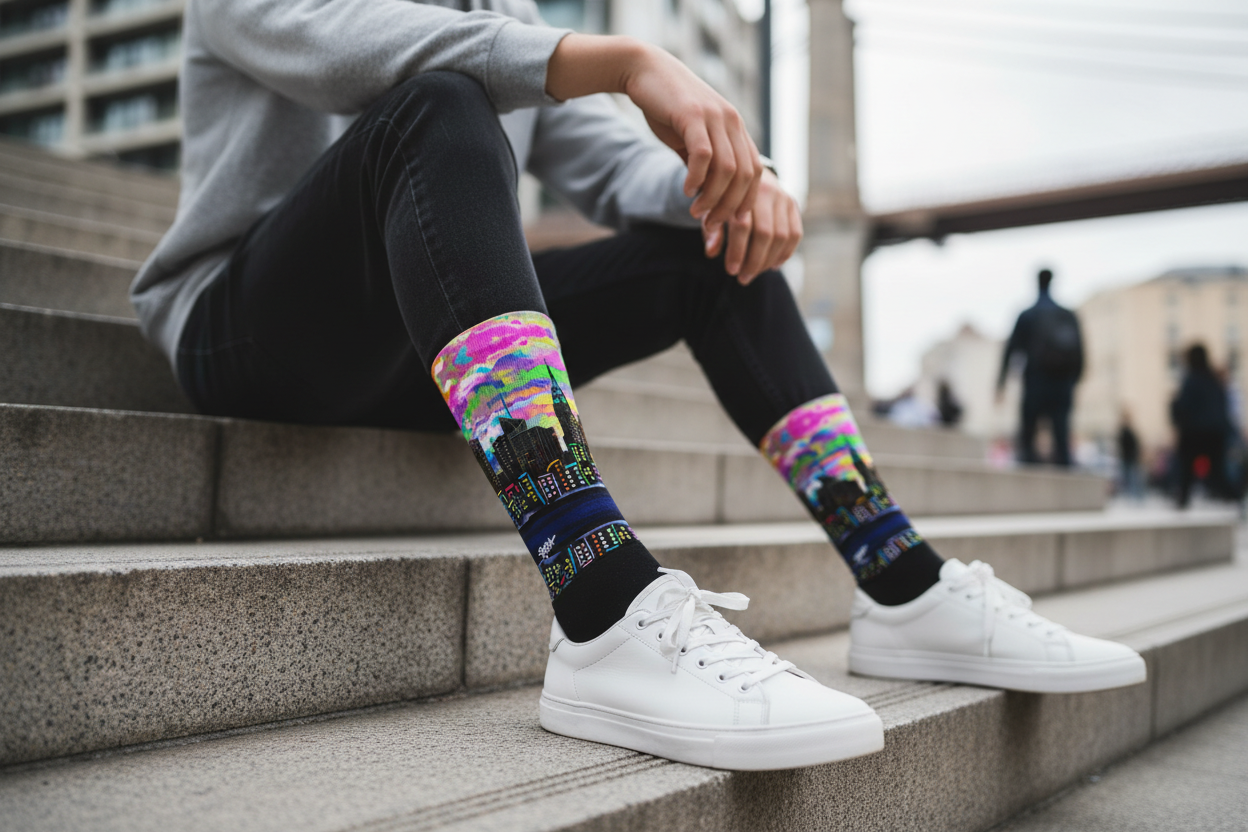 Person sitting on steps wearing colorful socks with a Loria NYC Art cityscape design.