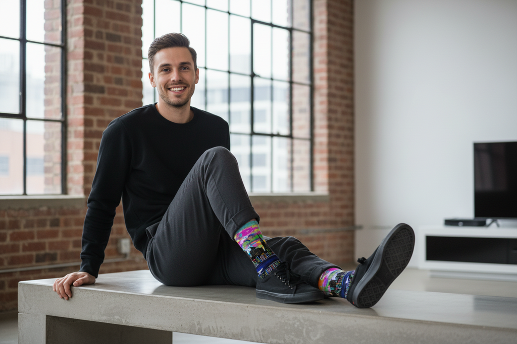 Man sitting on a concrete bench wearing colorful Loria NYC Art socks in a modern indoor setting.