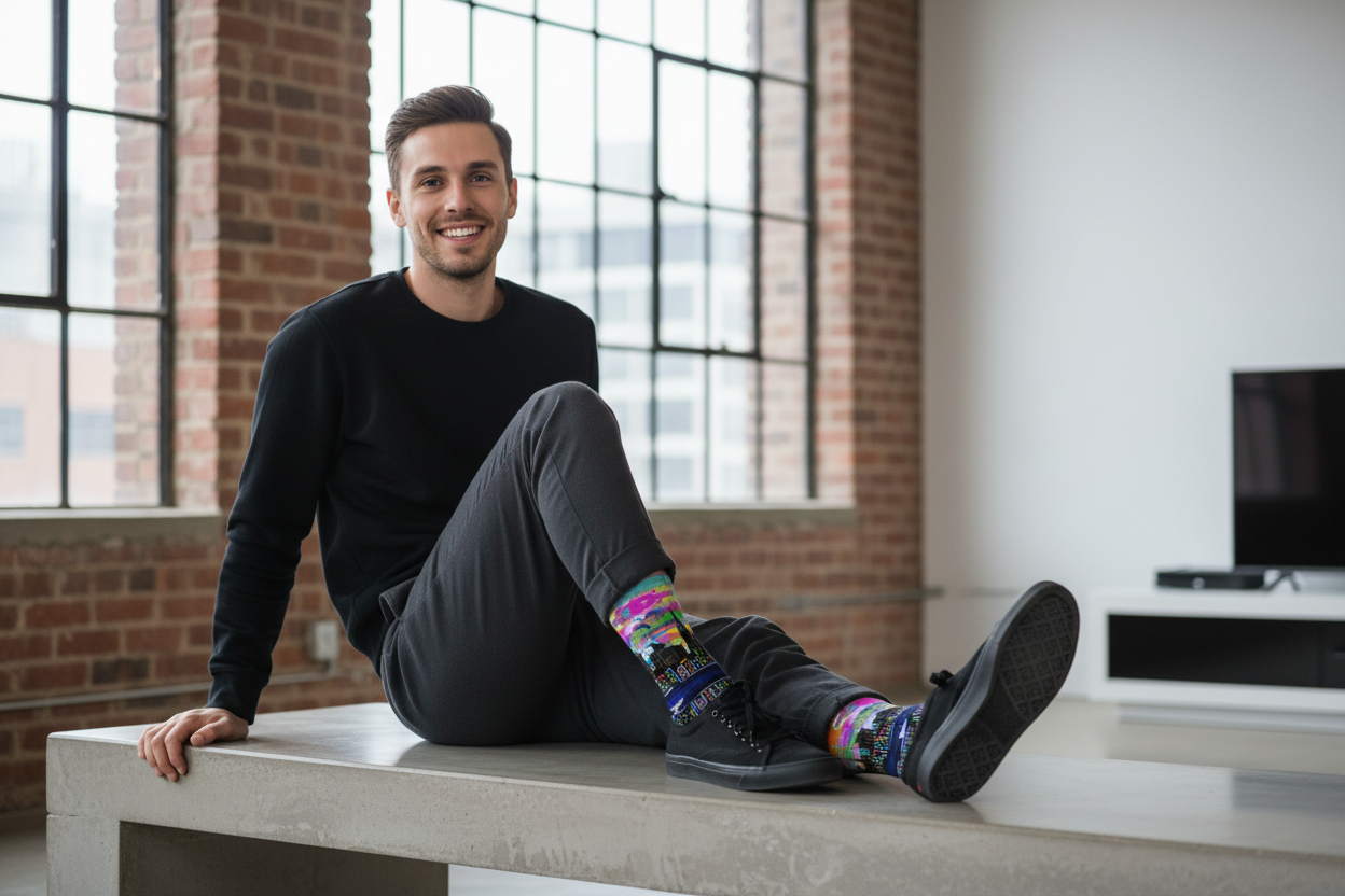 Man sitting on a concrete bench wearing colorful Loria NYC Art socks in a modern indoor setting.