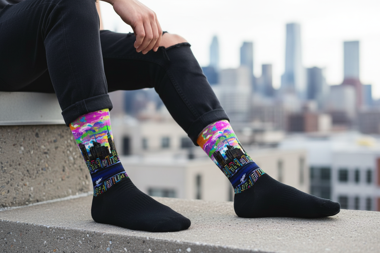 Person wearing colorful Loria NYC Art  socks with a cityscape in the background