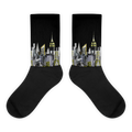 Black socks with cityscape Loria NYC Art design on a white background