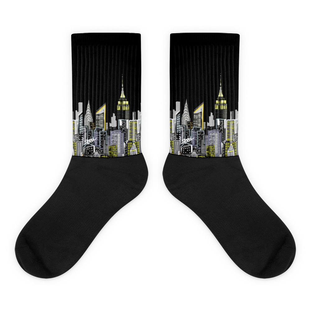 Black socks with cityscape Loria NYC Art design on a white background