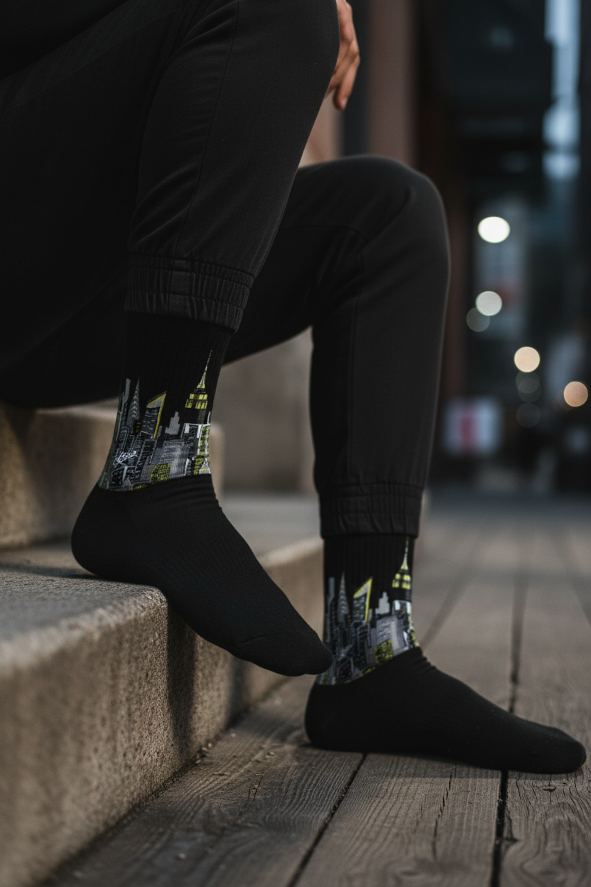 Person wearing black Loria NYC Art socks with a cityscape design on steps at night.