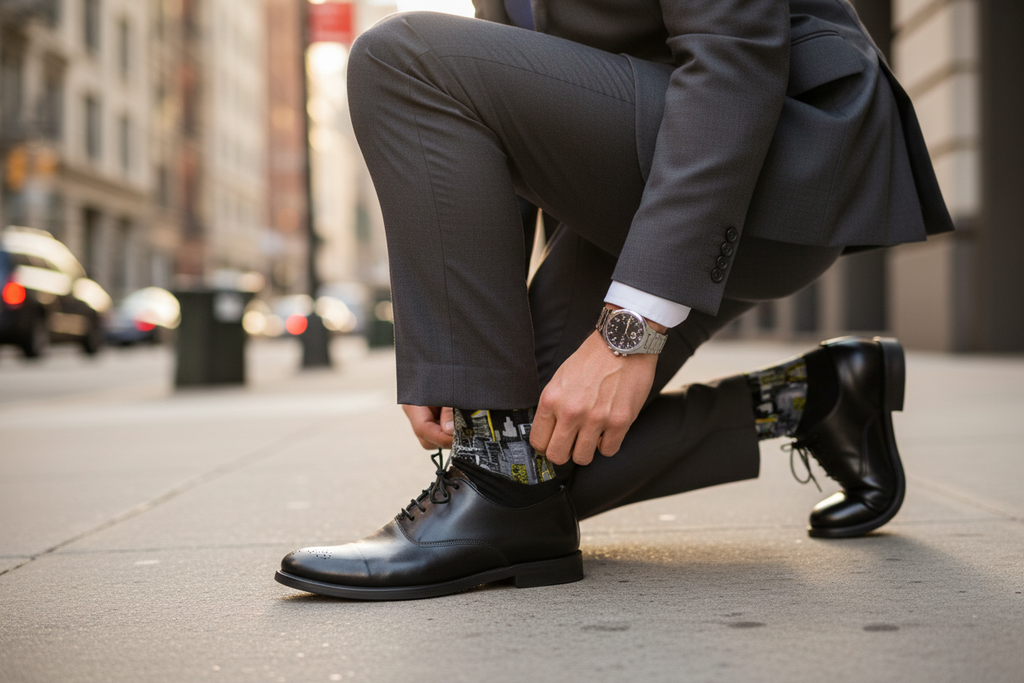 Person in a suit adjusting their shoe wearing Loria NYC Art socks on a city street