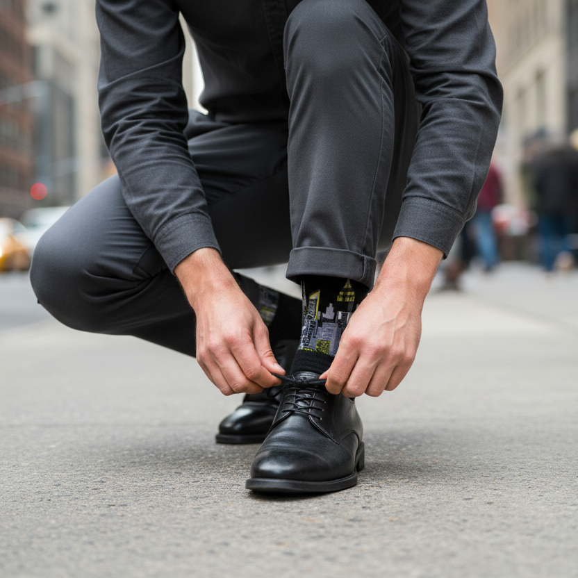 Person tying shoes wearing Loria NYC Art socks on a city street