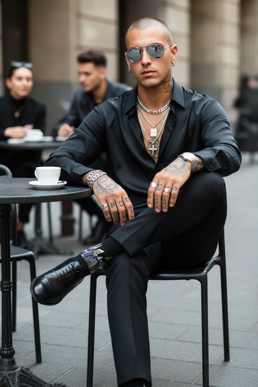 Man in black outfit wearing Loria NYC Art socks with tattoos sitting at an outdoor cafe table.
