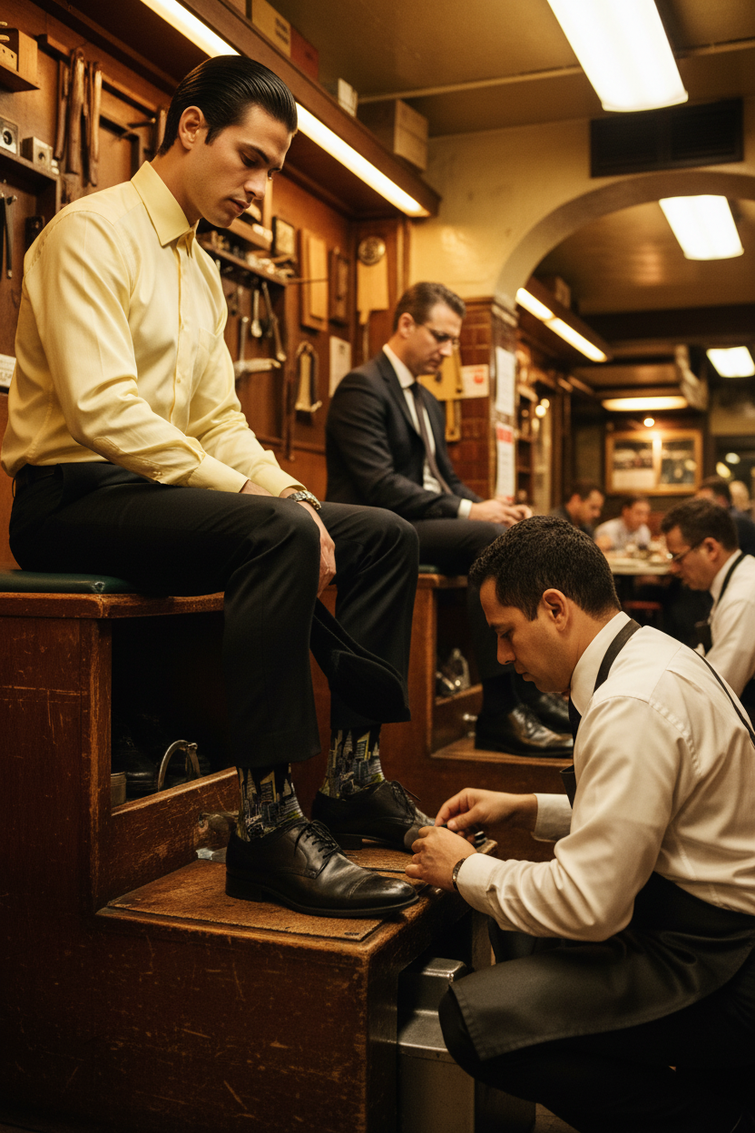 A man in Loria NYC Art socks, a cream shirt and black trousers sits on a wooden stool in a vintage leather shoe shop, while an attendant in a white shirt and black apron polishes his black leather shoes. Other customers and shop fixtures are visible in the warm, dimly lit background.