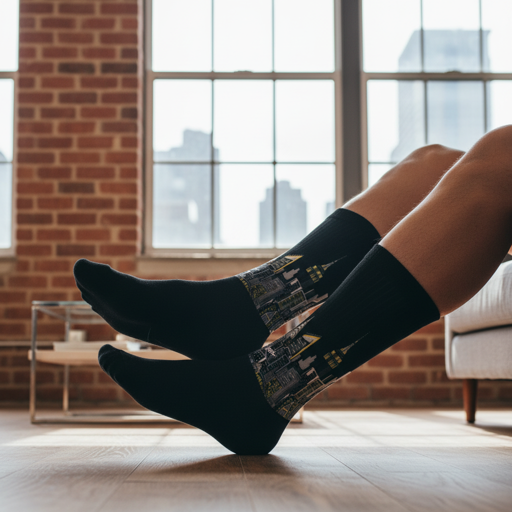 Person wearing black socks with Loria NYC Art design in a room with large windows and brick wall.