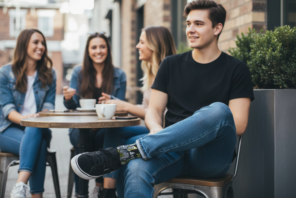 Man wearing Loria NYC Art socks at an outdoor cafe table, enjoying their time together.