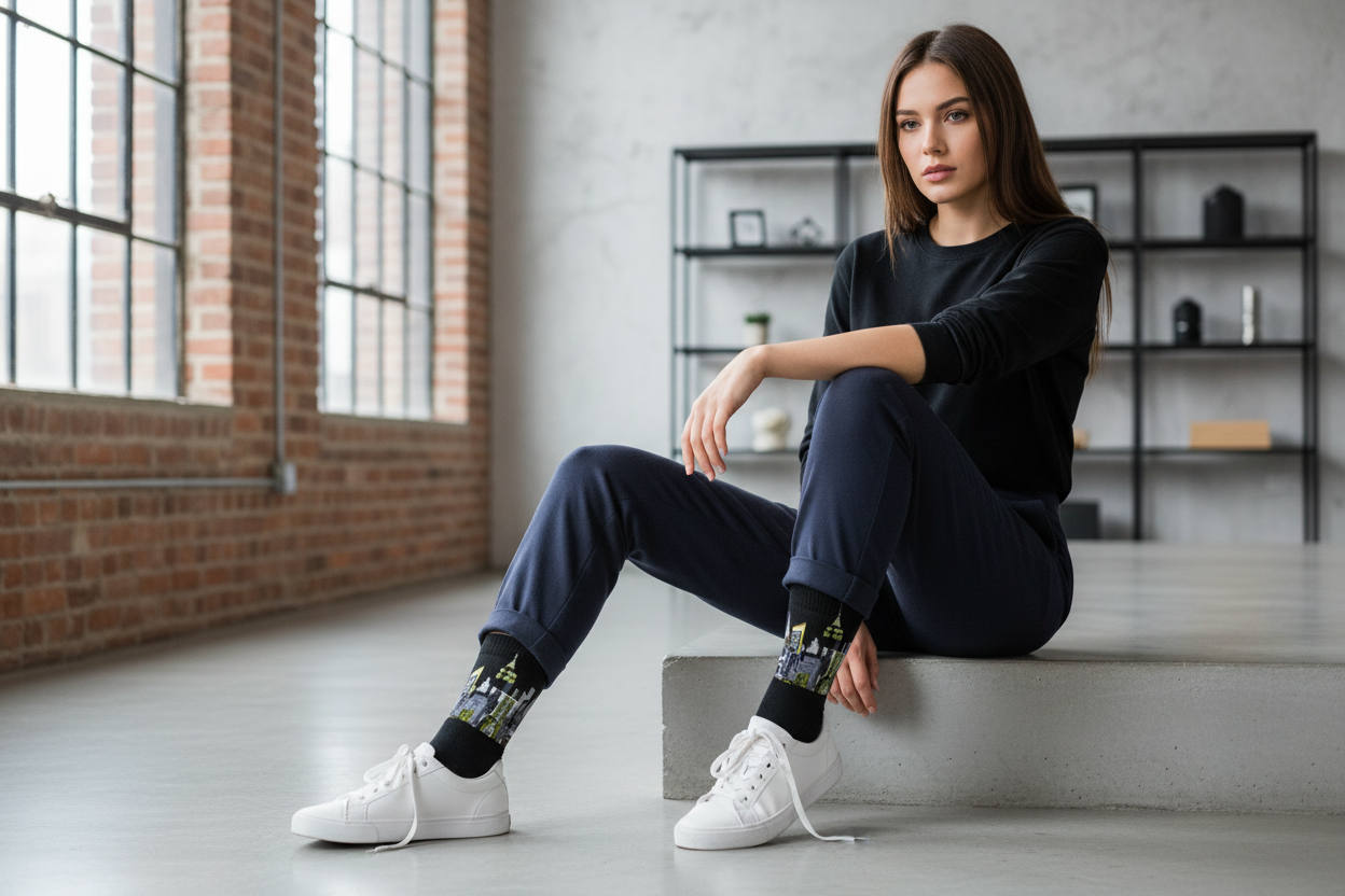 Woman sitting on a concrete step wearing black outfit with colorful Loria NYC Art socks in an urban setting.