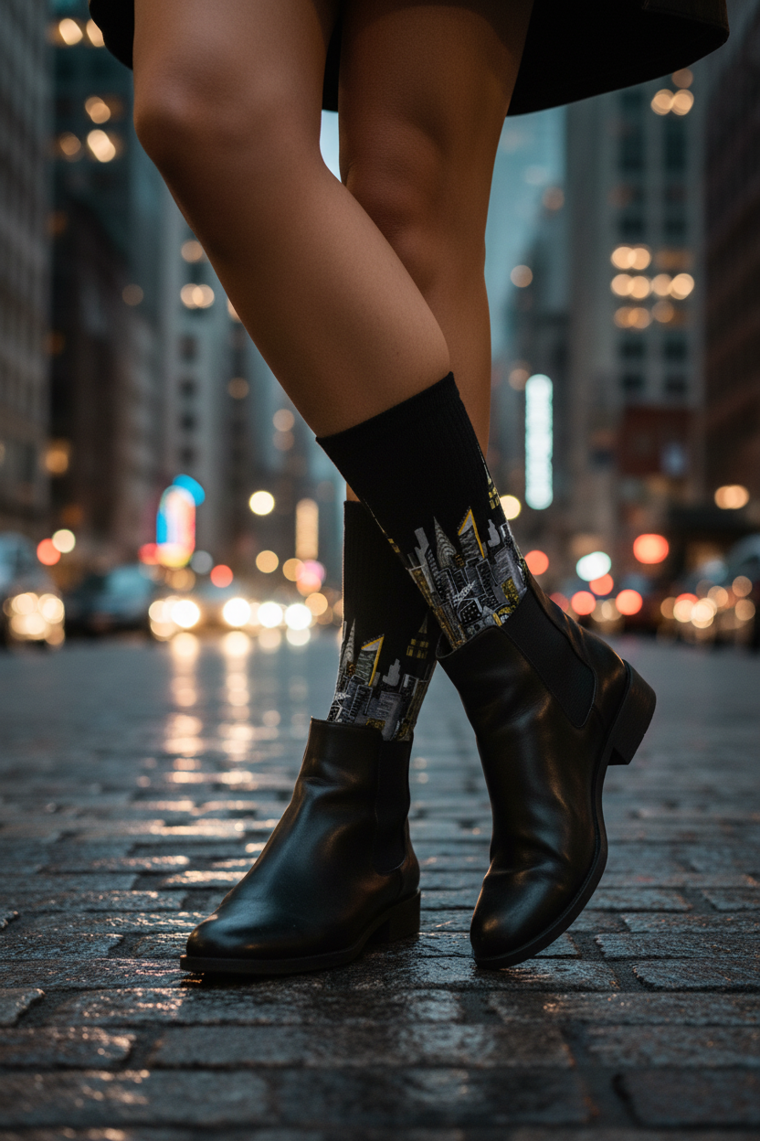 Person wearing a fancy pair of Loria NYC Art socks in an urban setting 