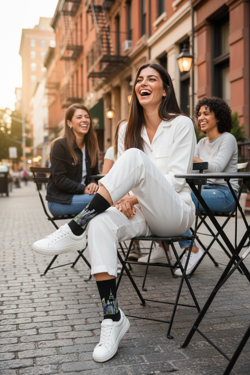 Three women laughing together at an outdoor cafe on a cobblestone street, with the central woman wearing a white button-up shirt, white pants, Loria NYC Art socks and white sneakers.