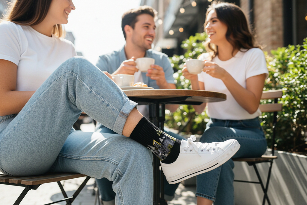 Lady wearing Loria NYC Art socks at a table outdoors, enjoying coffee.