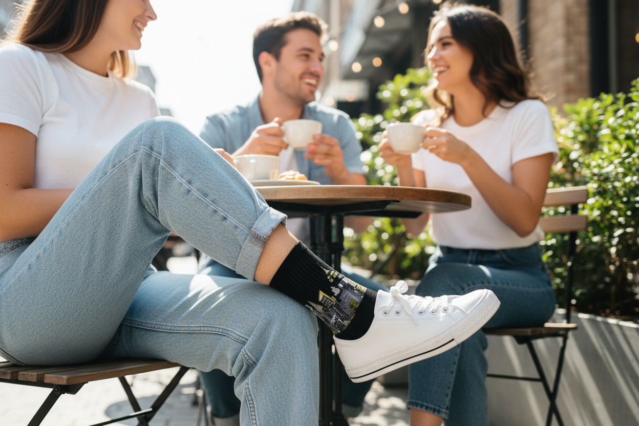 Lady wearing Loria NYC Art socks at a table outdoors, enjoying coffee.