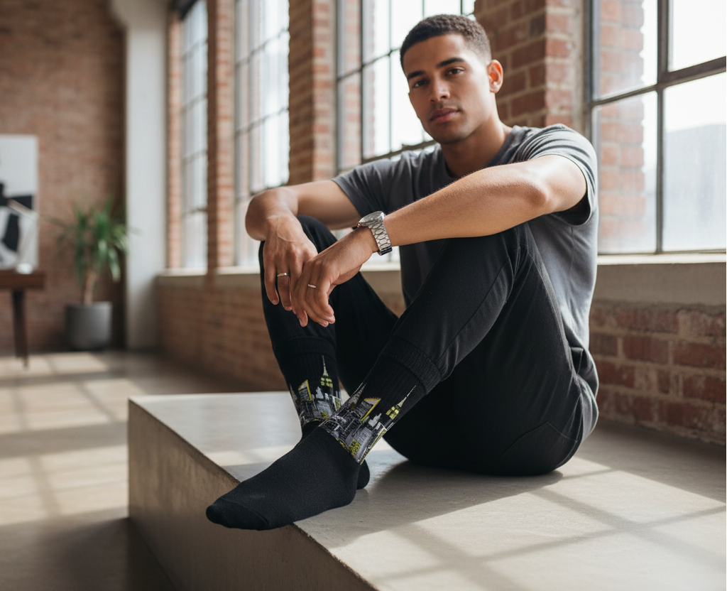 Man sitting on a concrete bench wearing Loria NYC Art socks with large windows and brick walls.