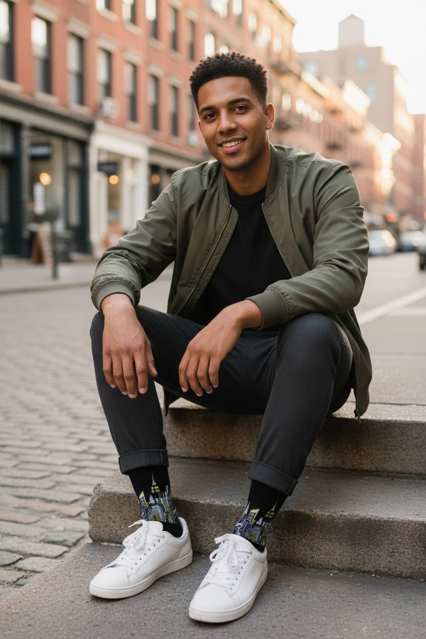 Man sitting on a curb wearing black Loria NYC Art socks in an urban setting.