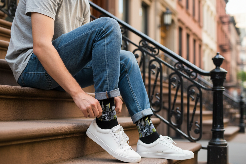 Person sitting on steps wearing jeans, white sneakers, and Loria NYC Art socks with a city street background