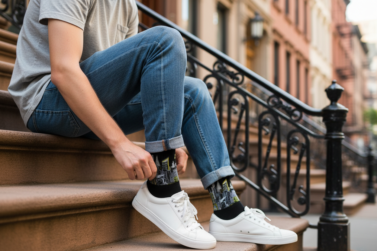 Person sitting on steps wearing jeans, white sneakers, and Loria NYC Art socks with a city street background