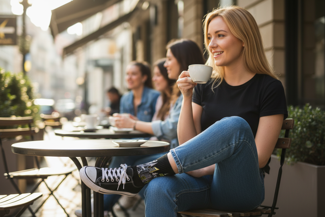 Woman wearing Loria NYC Art socks sitting at an outdoor cafe, holding a cup of coffee.